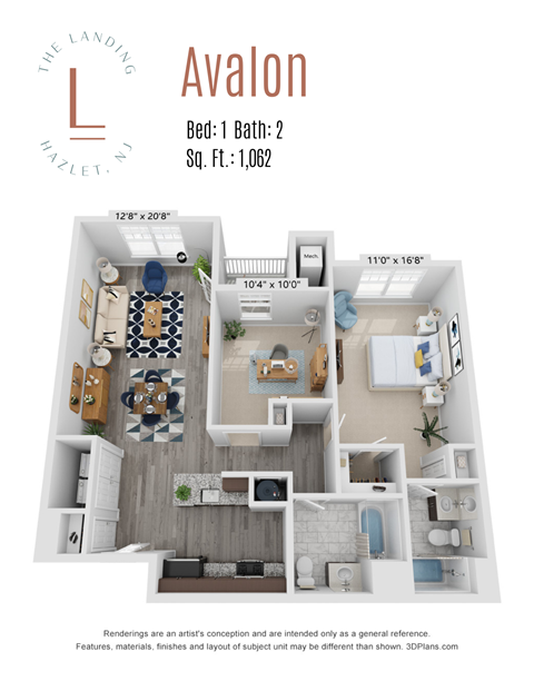 Floor plan for 1 bed, 2 baths, 1062 sqft